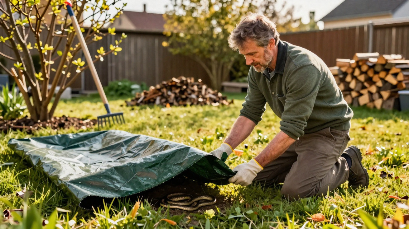Mann entdeckt eine Schlange unter einer Plane im Garten an einem sonnigen Herbsttag.