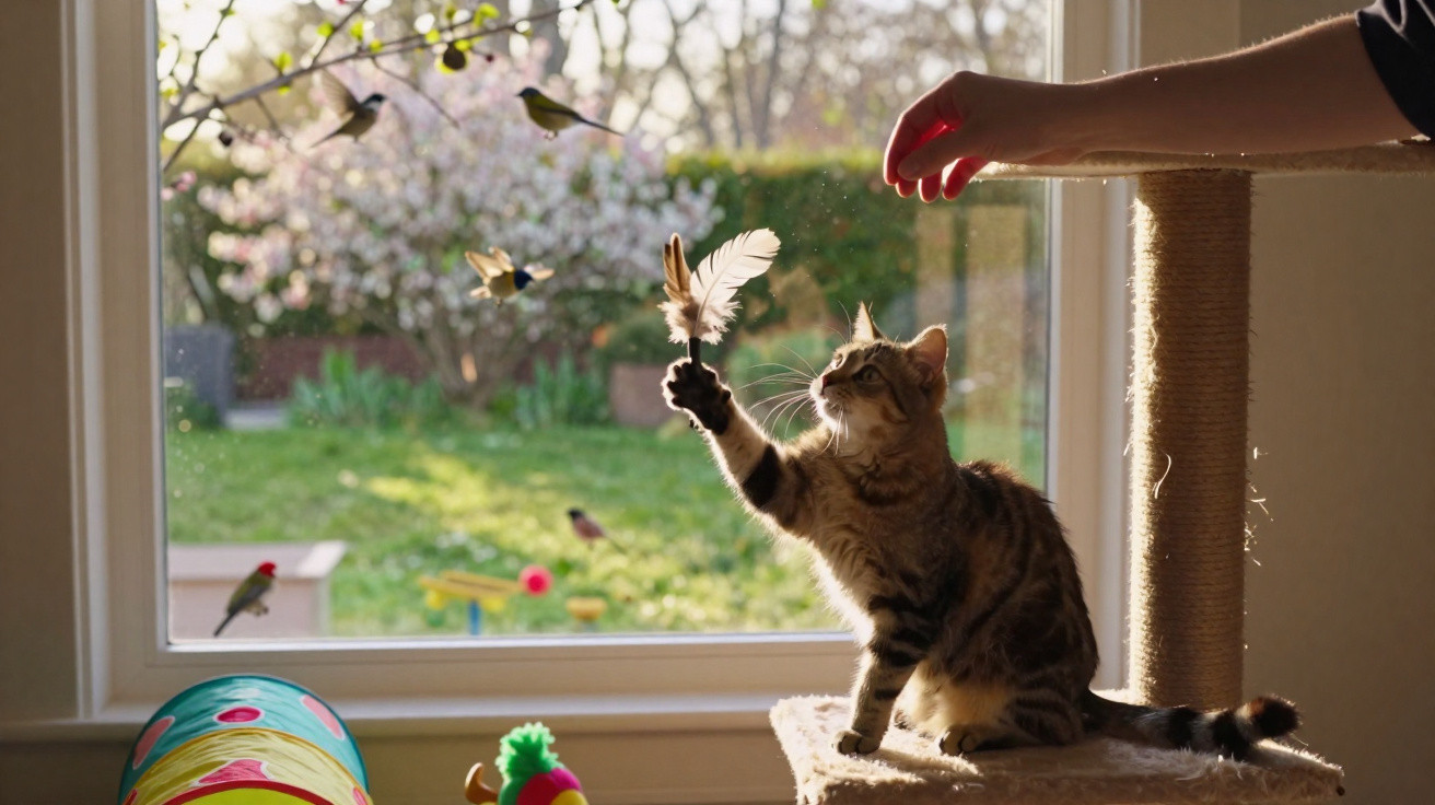 Katze spielt mit einer Feder vor einem Fenster, im Hintergrund sind Vögel und Garten zu sehen.