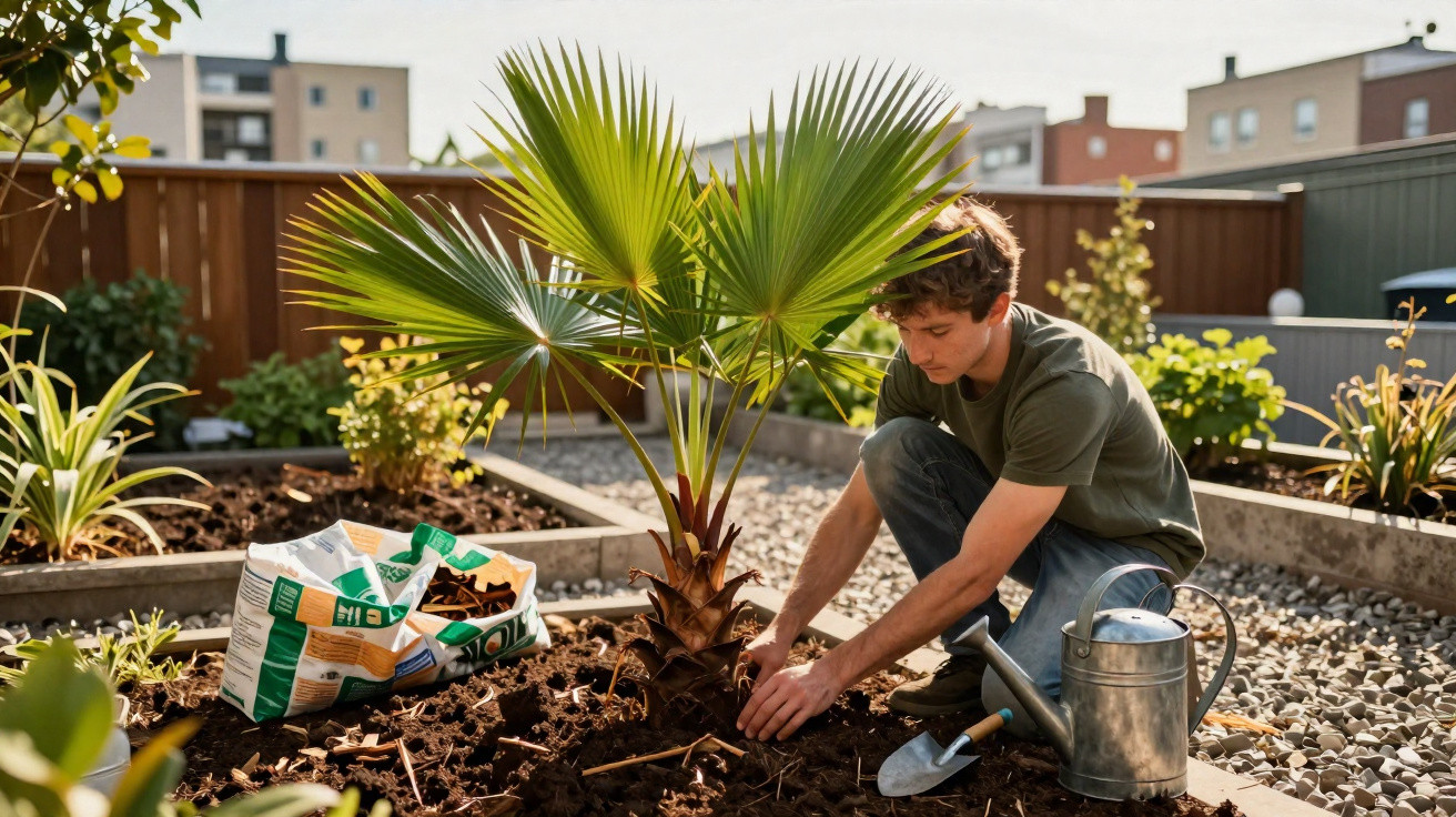 Junger Mann pflanzt eine kleine Palme im Garten, umgeben von Erde, Gießkanne und Gartengeräten.