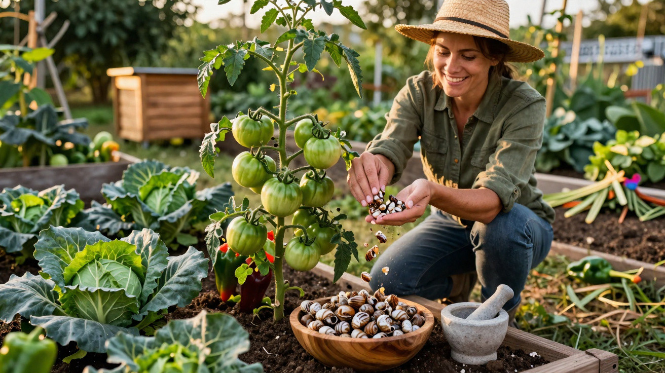 Frau mit Strohhut erntet Schnecken in einem Gemüsebeet mit Tomaten und Kohlpflanzen.