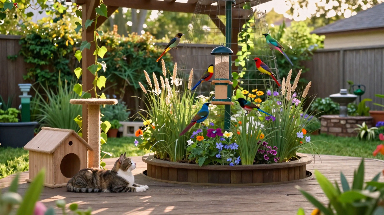 Katze beobachtet bunte Vögel an einem Vogelfutterspender im sonnigen Garten mit Blumen und Pflanzen.