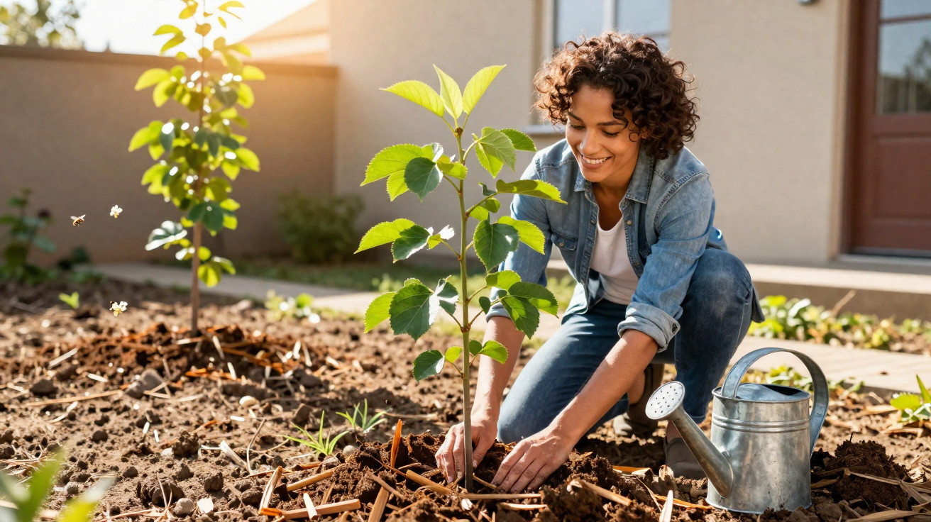 Frau pflanzt jungen Baum im Garten, neben ihr steht eine Gießkanne, sonniger Tag.