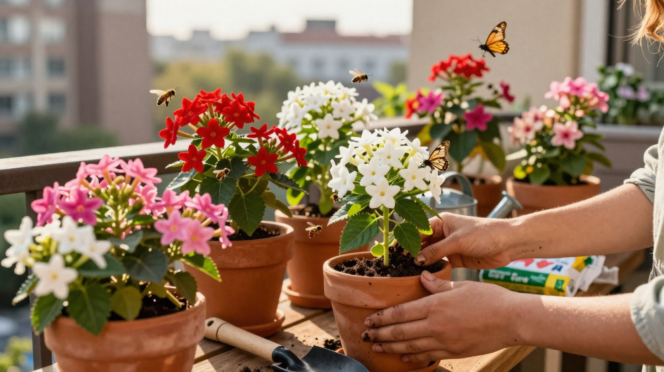 Blumen in Tontöpfen auf Balkon, Bienen und Schmetterlinge umfliegen die Blüten, Hände pflanzen eine Pflanze.