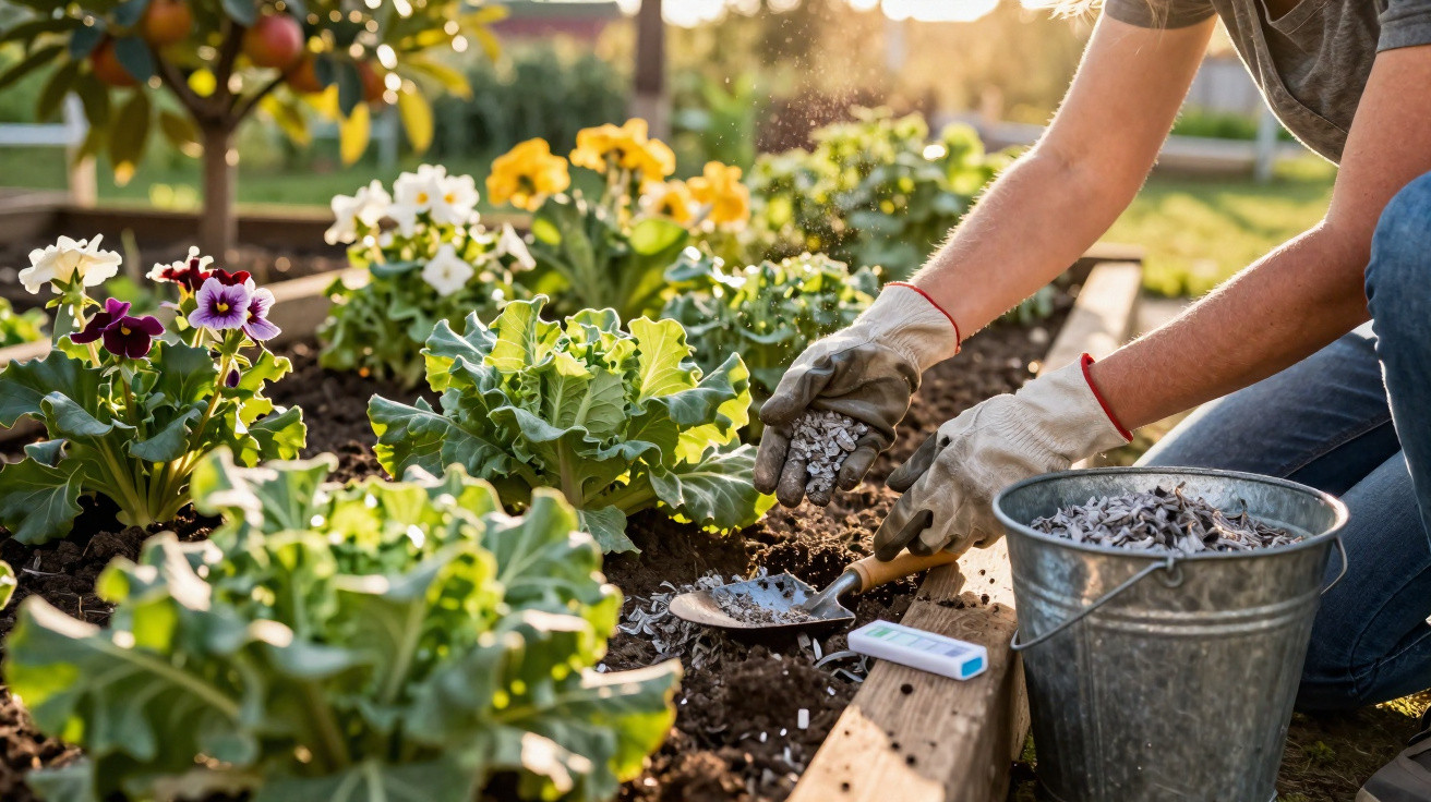 Person mit Handschuhen düngt Blumenbeet bei Sonnenuntergang im Garten mit Schaufel und Metalleimer.