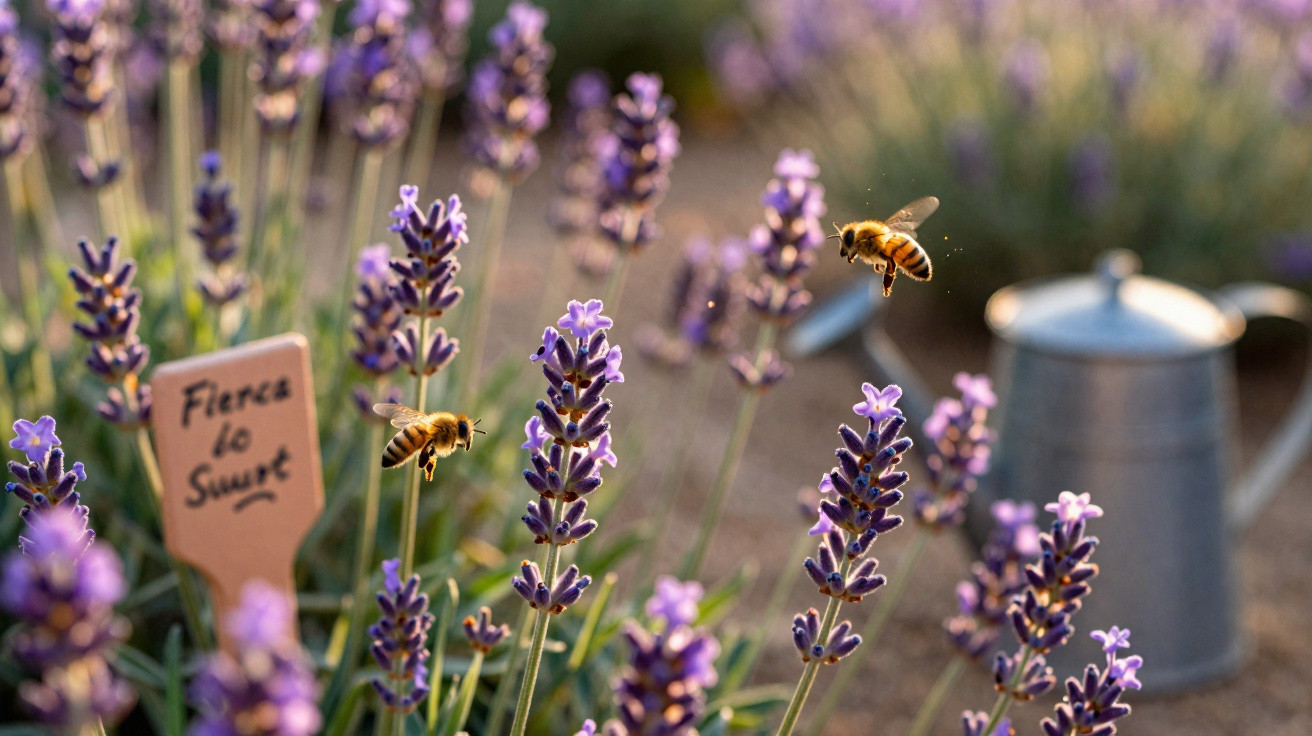 Bienen fliegen über lila Lavendelblüten, im Hintergrund eine metallische Gießkanne und ein Schild.