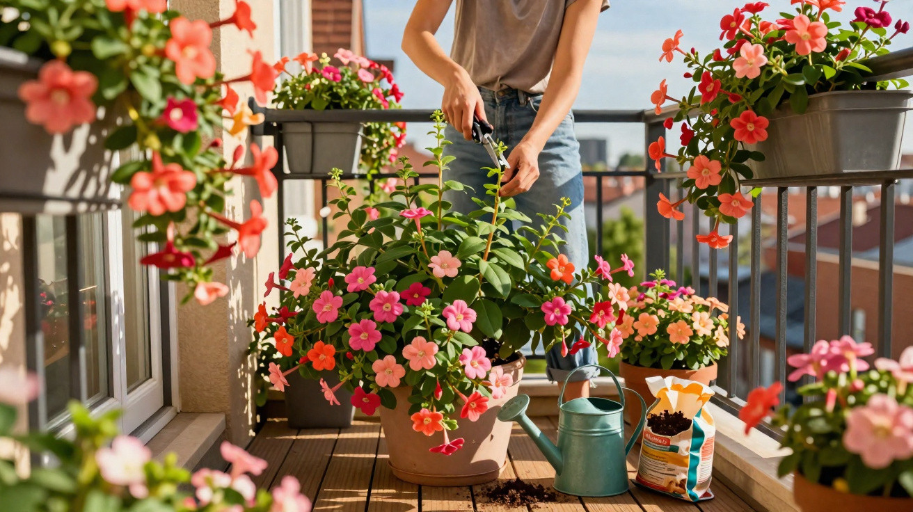 Person schneidet Blumen auf einem Balkon mit blühenden Topfpflanzen bei Tageslicht.