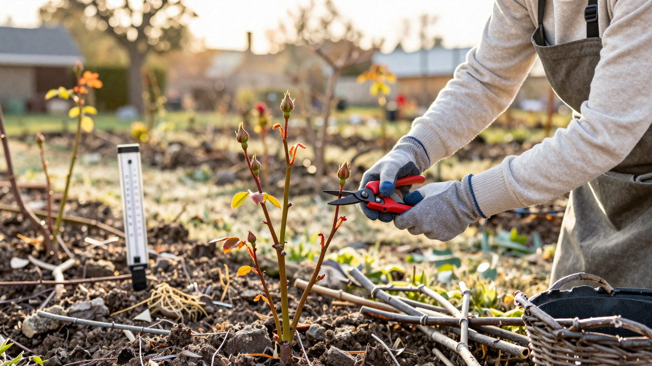 Person schneidet mit Handschuhen junge Rosen im Garten im Herbst zurück.