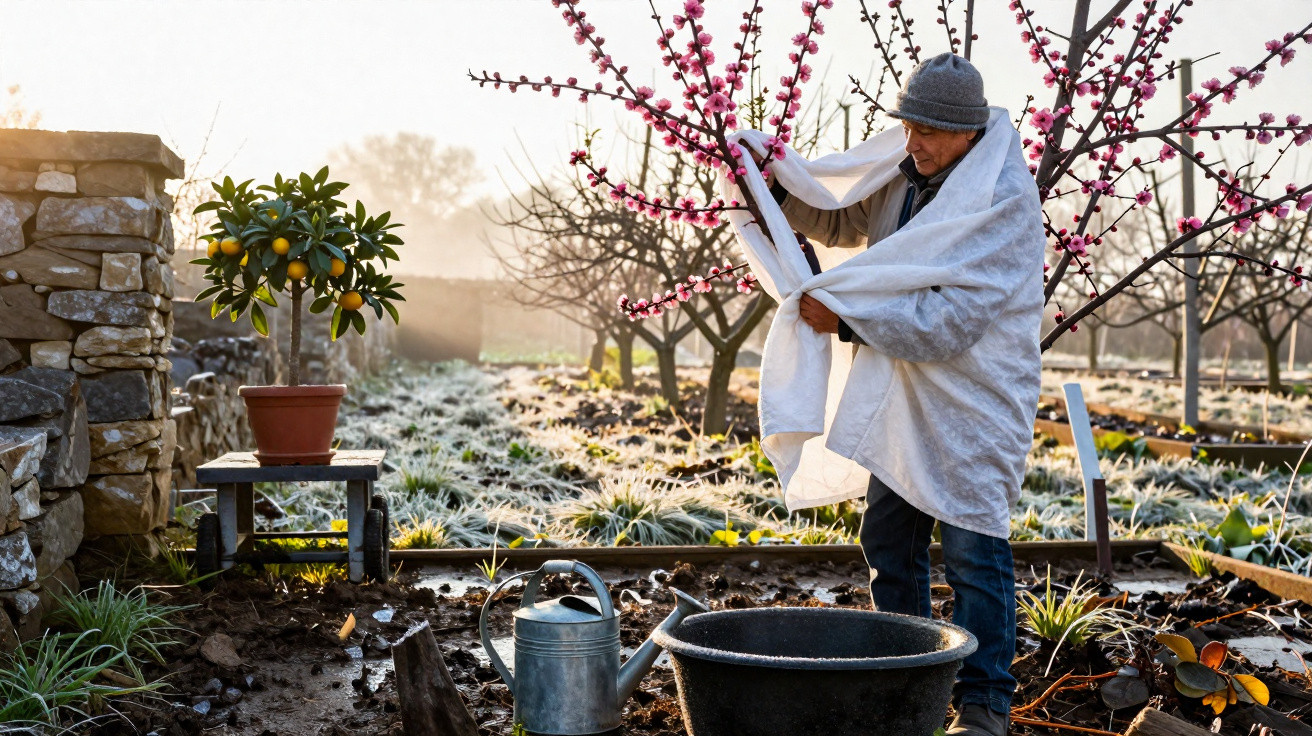 Ein Mann deckt Bäume mit Tüchern ab, um sie vor Frost im blühenden Obstgarten zu schützen.
