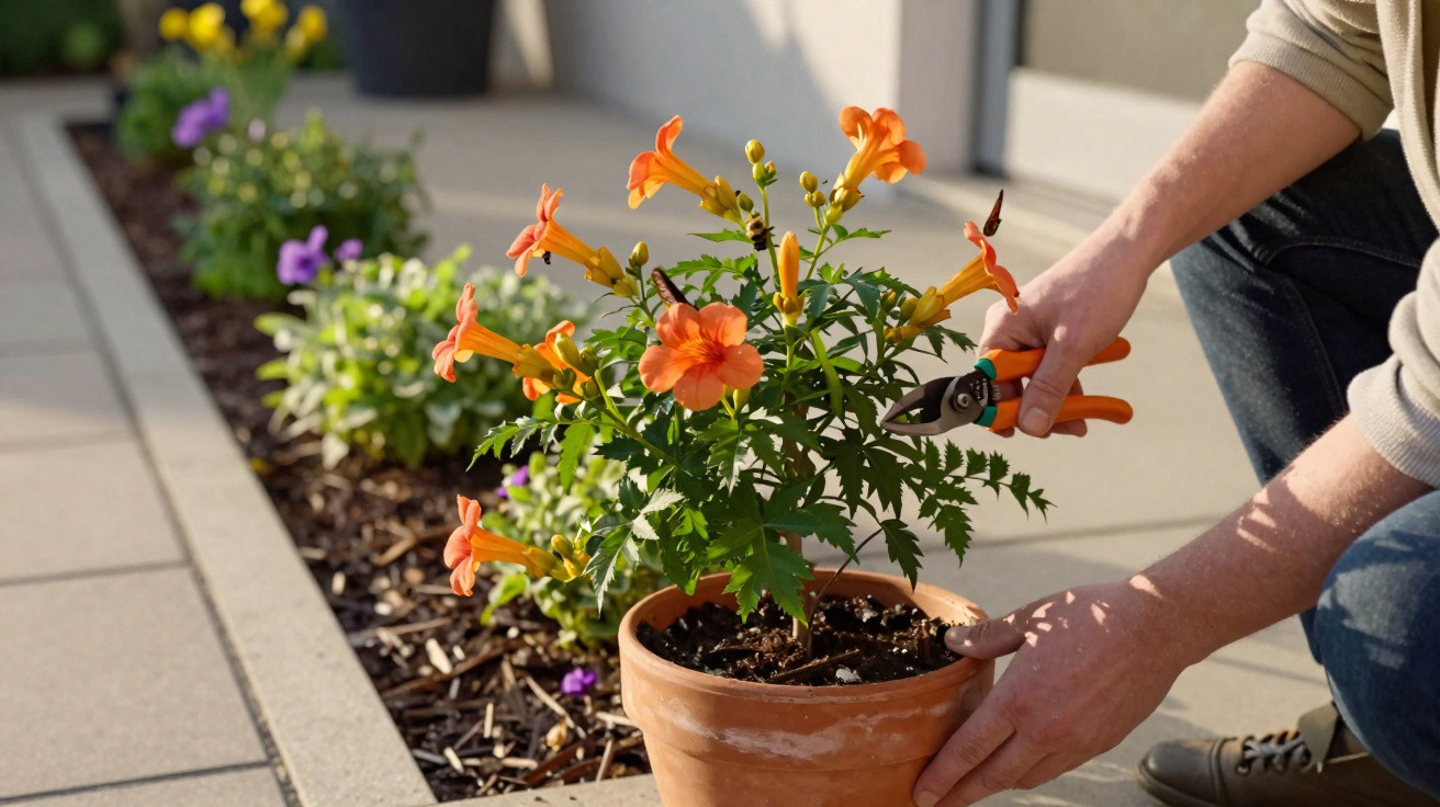 Person schneidet orangefarbene Blüten an einer Pflanze in einem Tontopf auf einer Terrasse zurück.