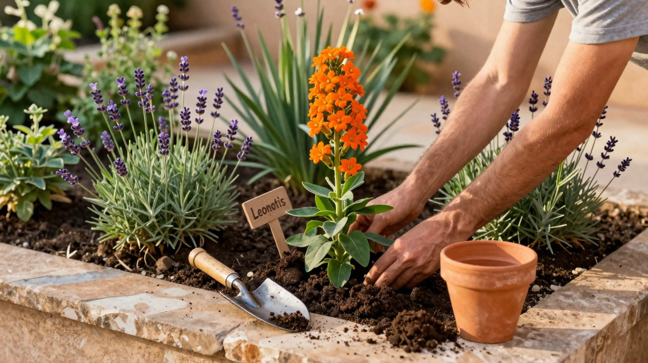 Person pflanzt orangefarbene Leonotis-Blume in Hochbeet neben Lavendel und Gartenwerkzeug