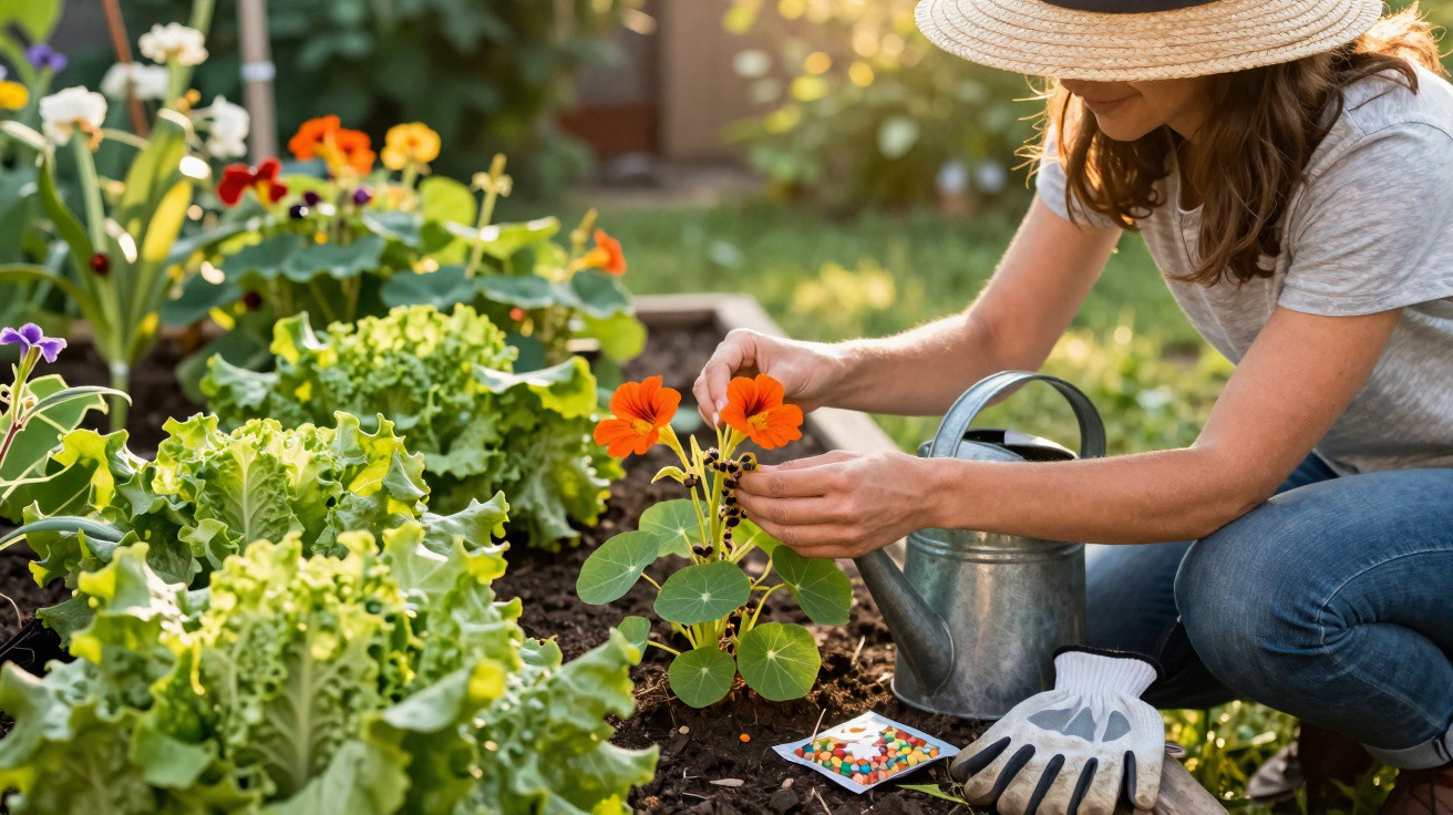 Frau mit Sonnenhut pflegt orange Blume in Gartenbeet, neben Gartengerät und Saatgutpackung.