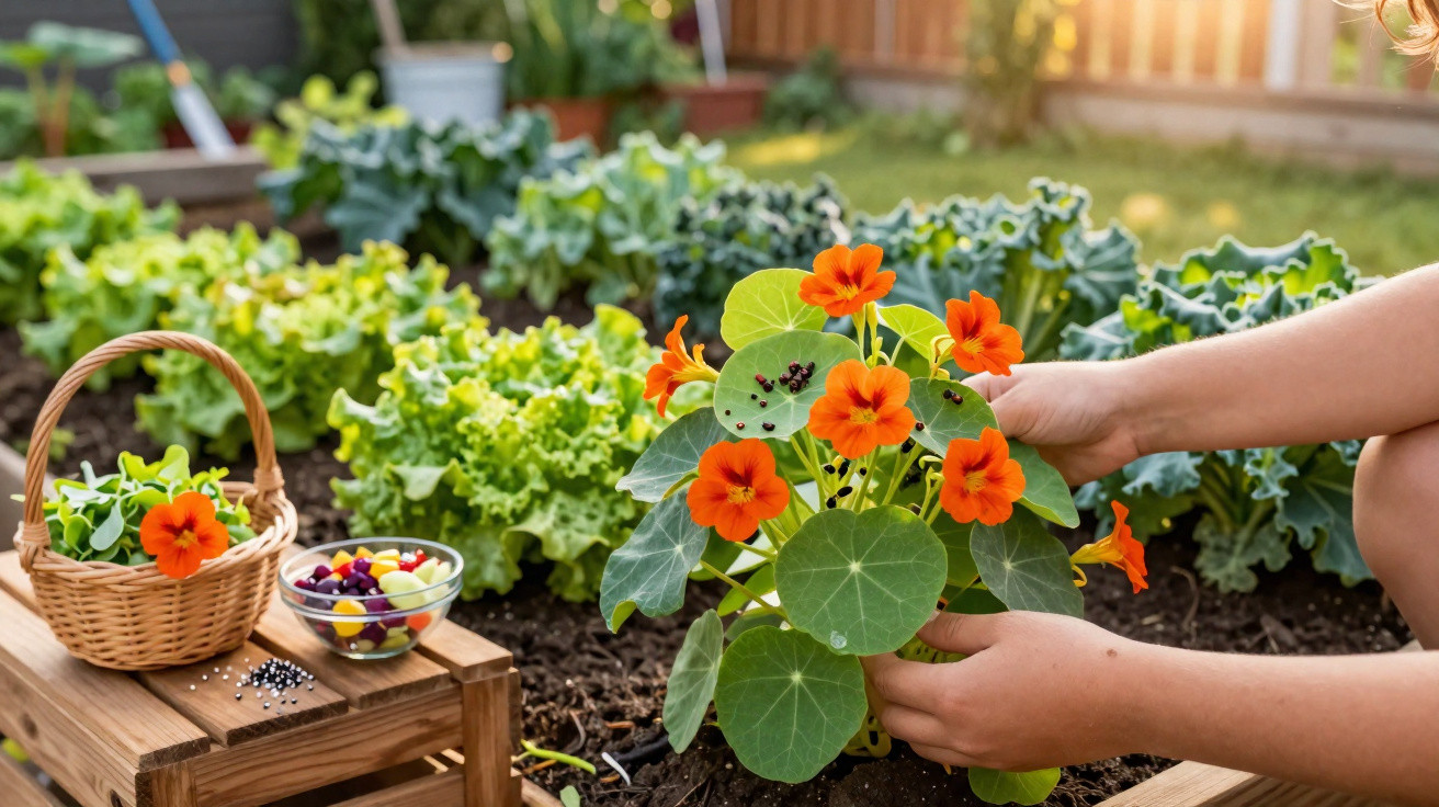 Gartenbeet mit Kapuzinerkresse, Händen, die Pflanze setzen, und einem Korb mit Samen und Blüte.