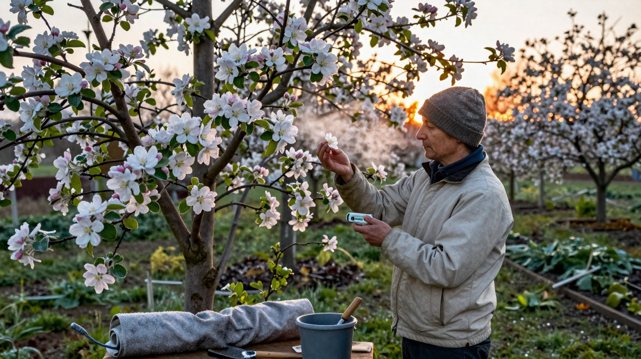 Mann untersucht zur Blütezeit einen Apfelbaum in einem Garten bei Sonnenuntergang.