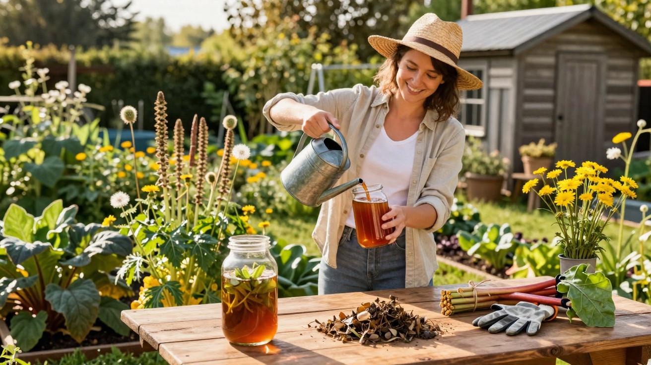 Frau gießt aus Gießkanne Wasser in Glas mit Kräutertee, umgeben von Garten und Blumen.