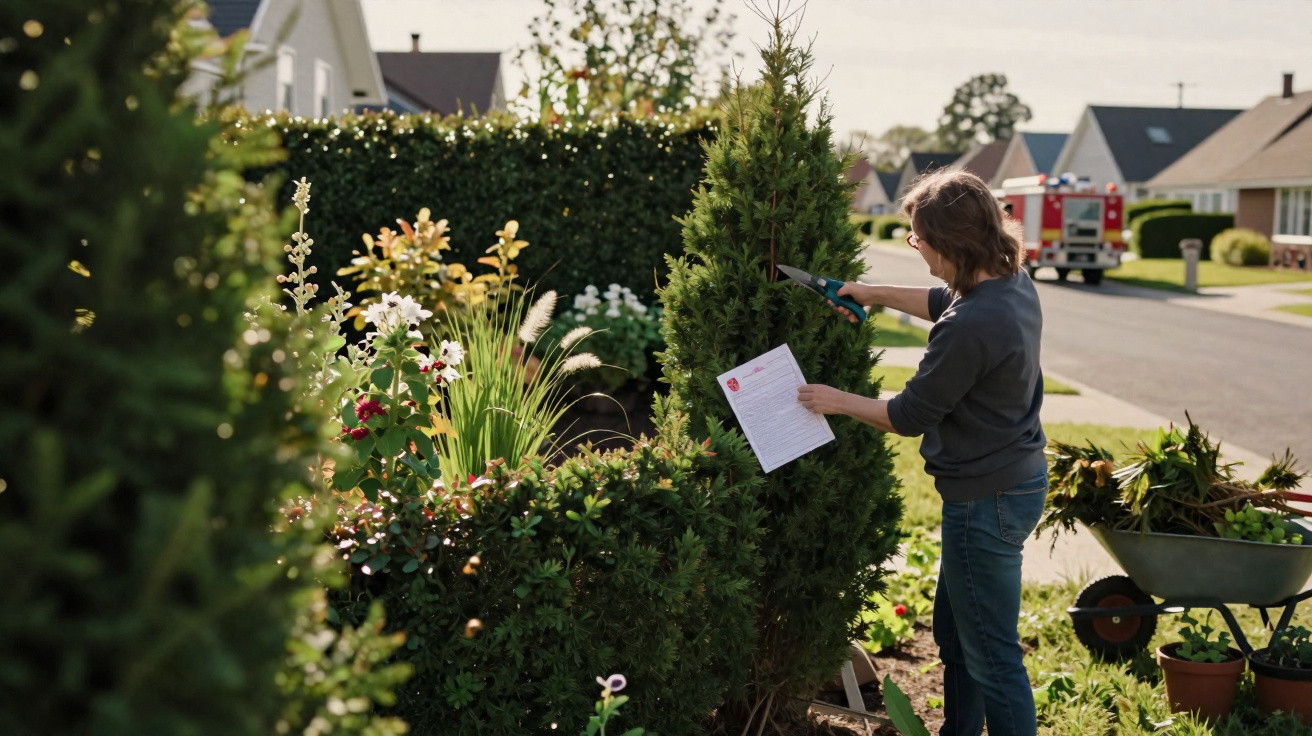 Frau schneidet Hecke im Vorgarten, hält Gartenschere und Papier, an sonniger Straße mit Gartengeräten.