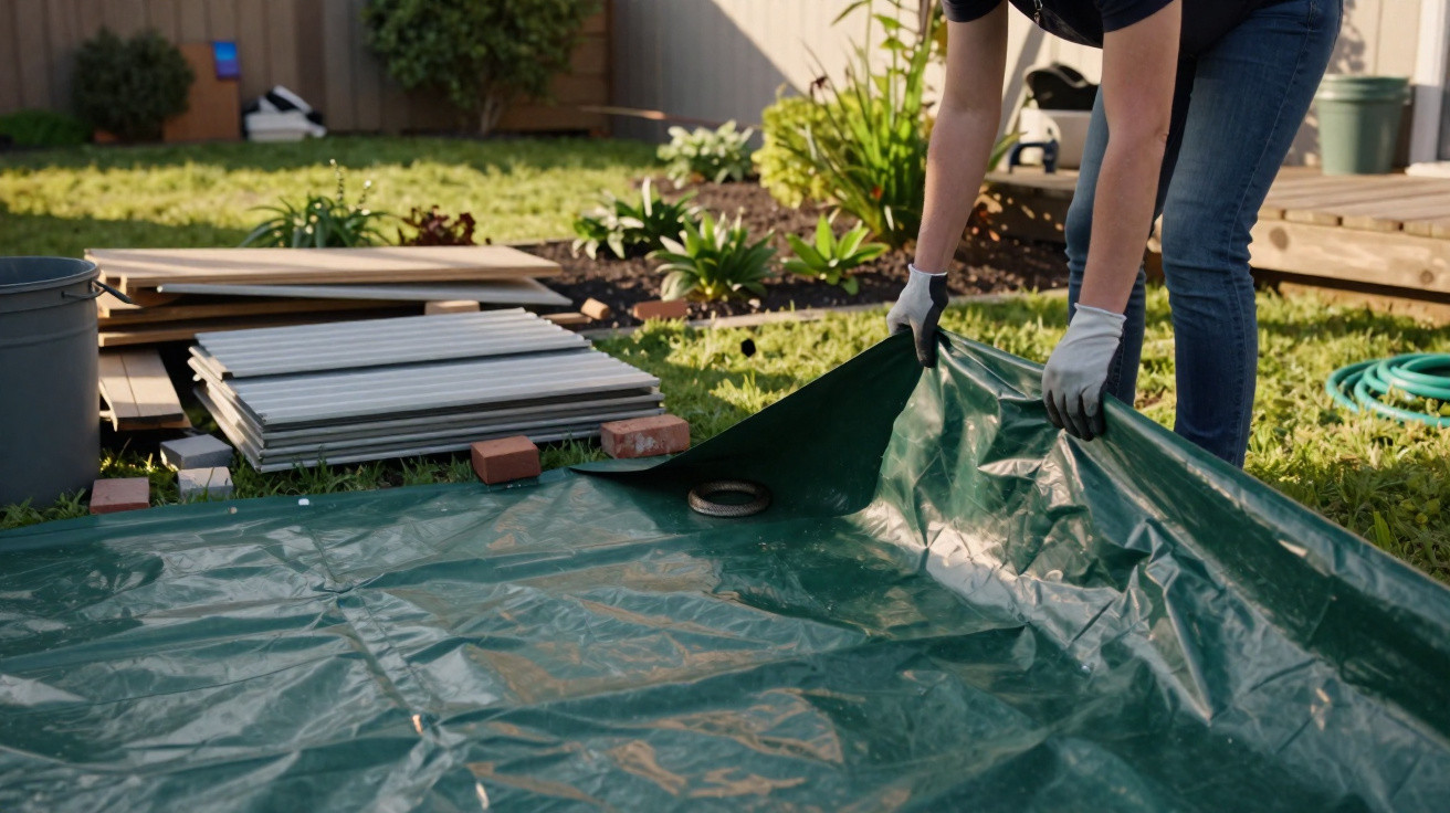 Person breitet in Garten mit Handschuhen grüne Plastikplane aus, im Hintergrund Baumaterialien und Pflanzen.