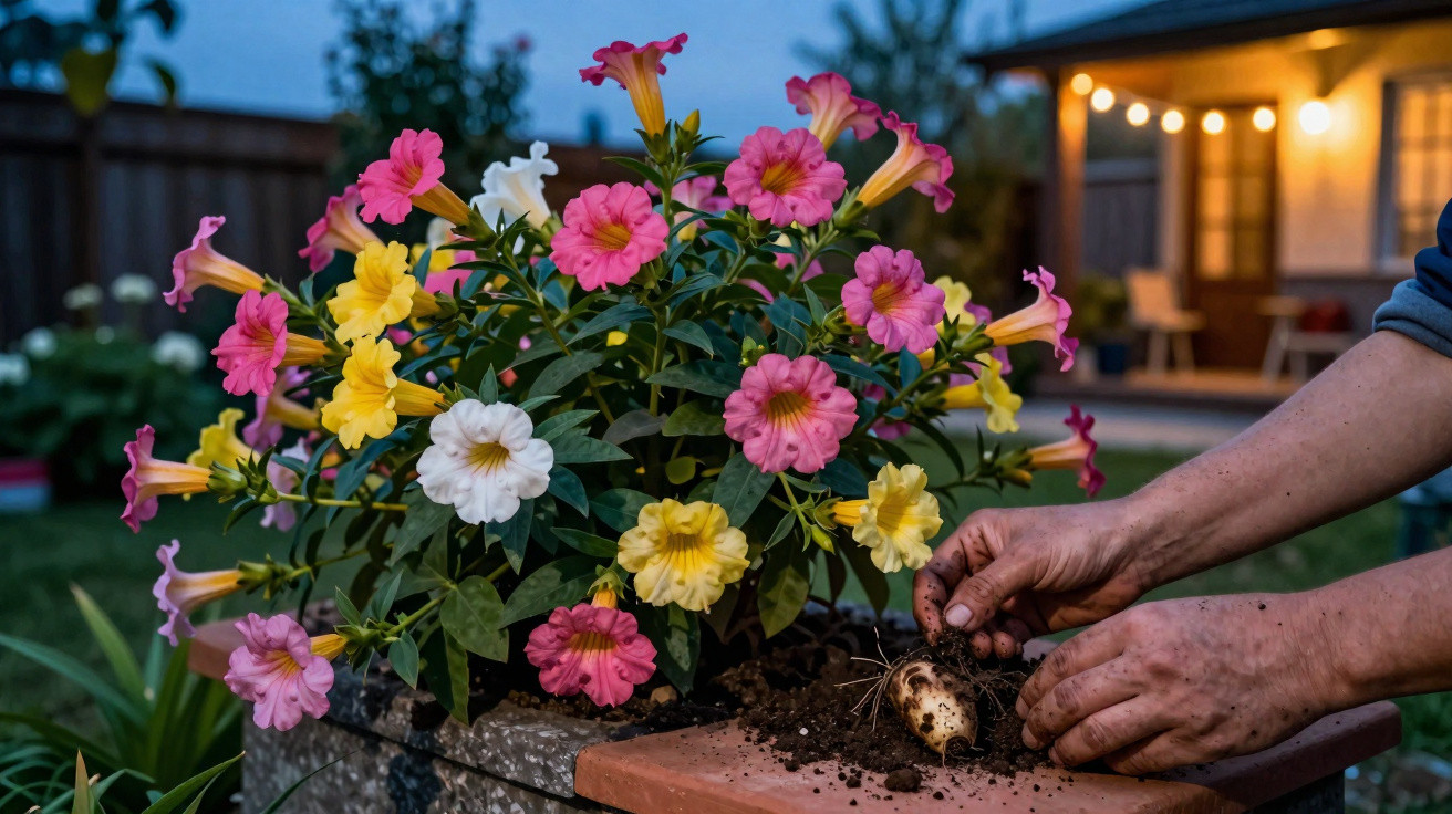 Hände, die eine Knolle aus Erde neben einem Topf mit bunten Petunien im Garten im Abendlicht ausgraben.