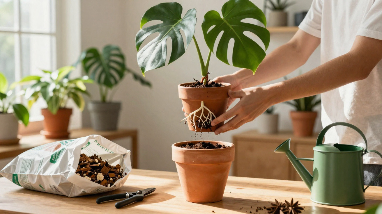 Person topft Monstera-Pflanze mit sichtbaren Wurzeln in einen Tonblumentopf um, umgeben von Gartenwerkzeugen.