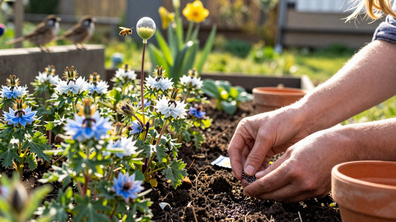 Hände pflanzen Samen in Gartenbeet mit blühenden Blumen, Biene im Flug und Vögel im Hintergrund.
