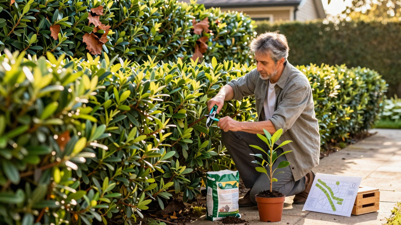 Mann schneidet mit Gartenschere Hecke im Garten bei sonnigem Wetter zurück.