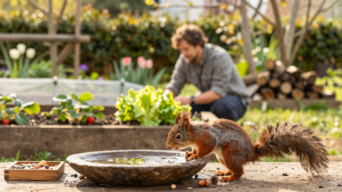 Eichhörnchen trinkt Wasser aus flachem Steinbecken im Garten, Mann arbeitet im Hintergrund am Hochbeet.