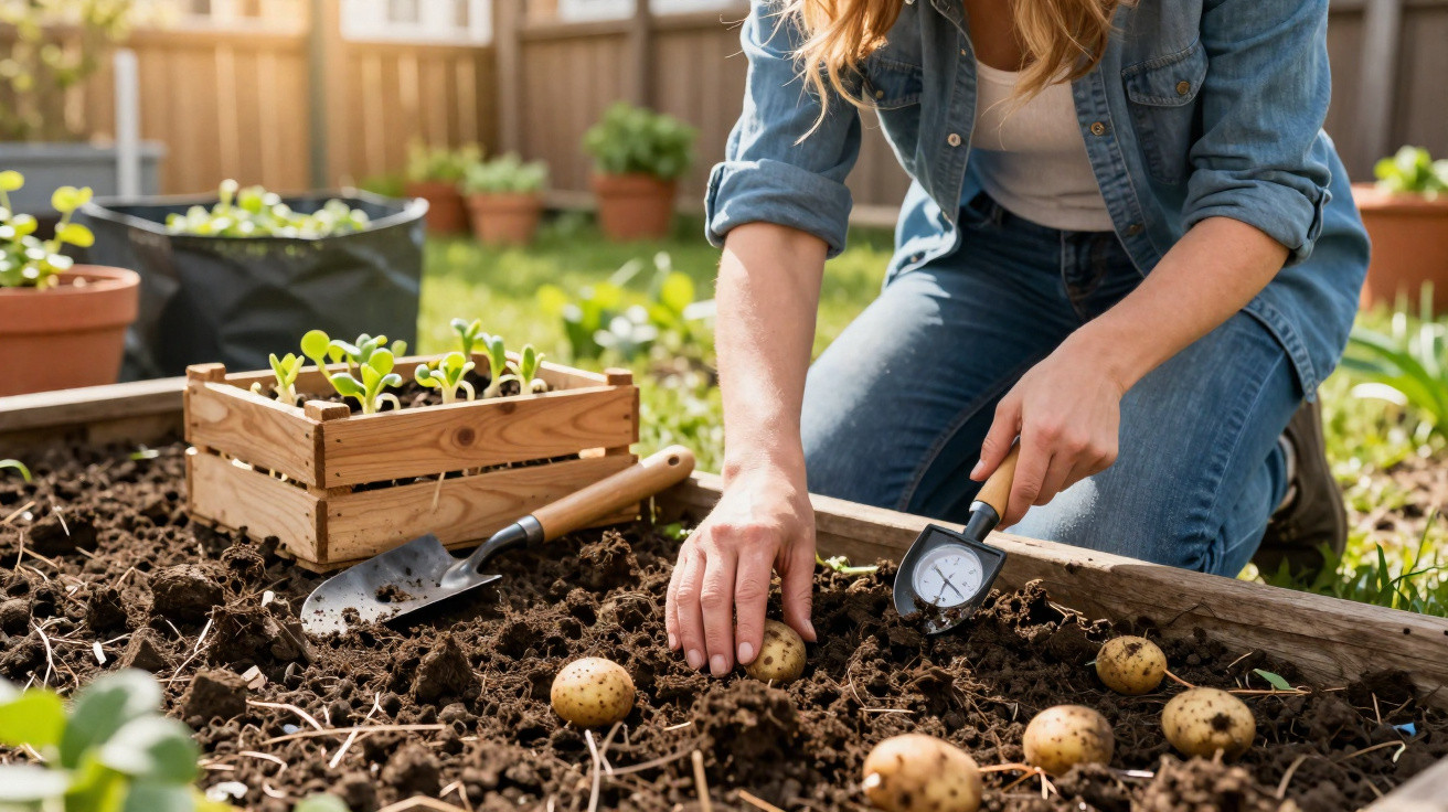 Frau pflanzt Kartoffeln mit Bodenthermometer in einem Beet im Garten bei Sonnenschein.