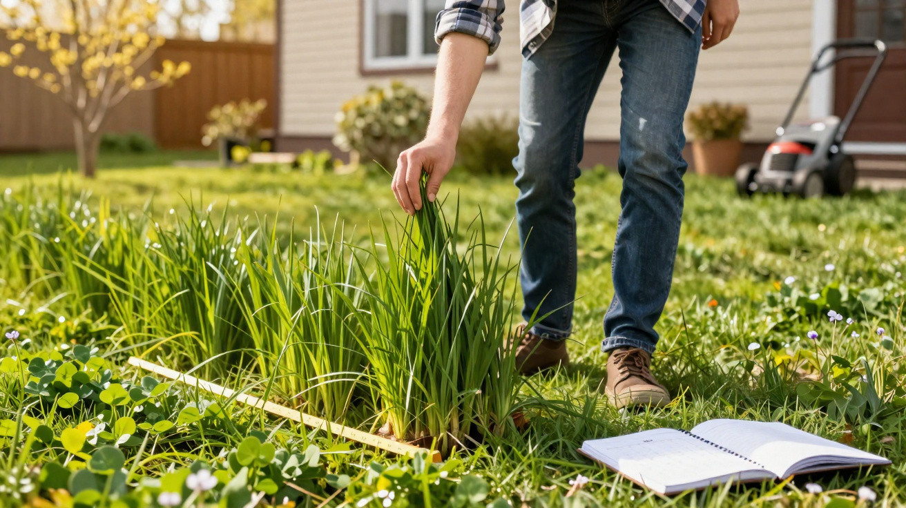 Person erntet Frühlingszwiebeln im Garten, neben offenem Notizbuch auf Grasboden.