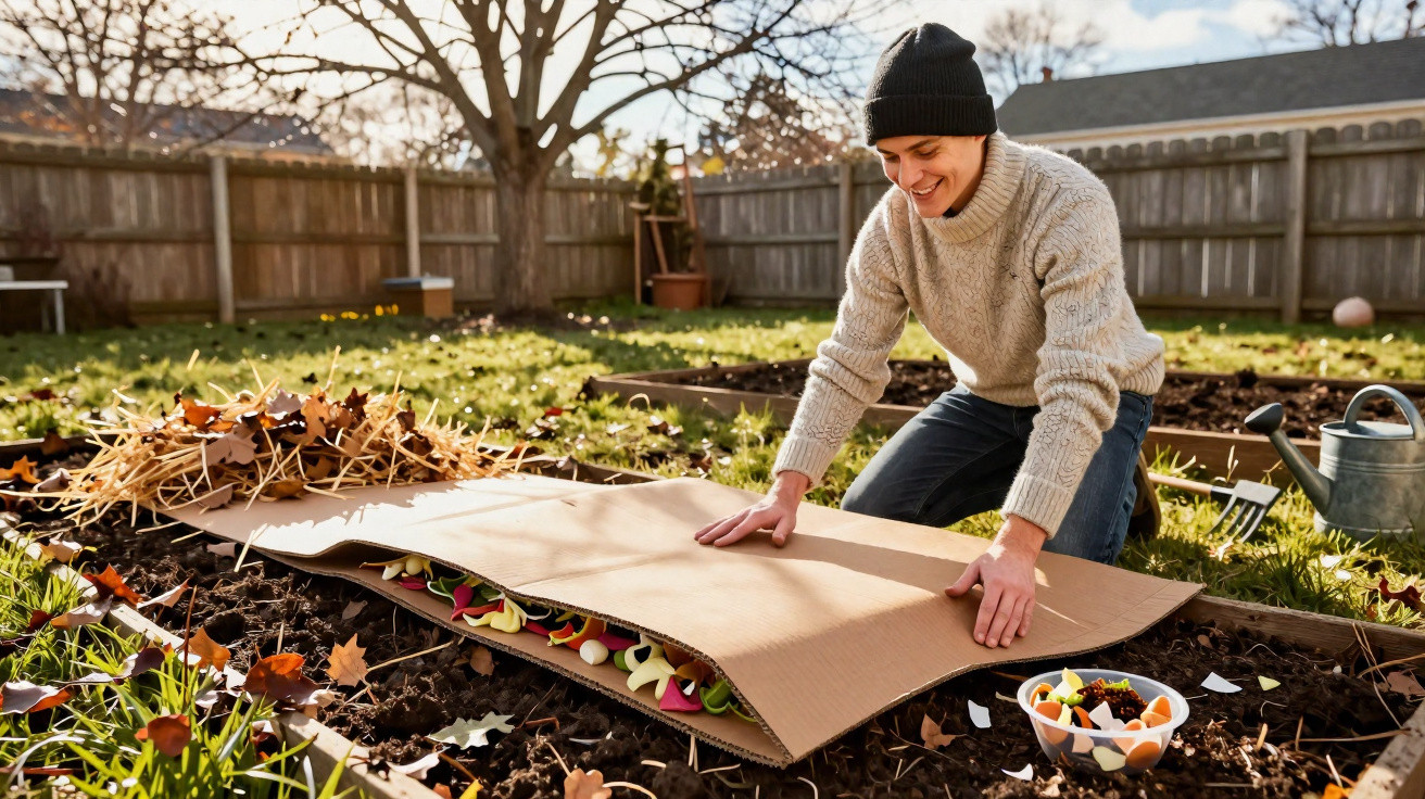 Person legt Pappe über bepflanztes Beet im Garten als Schutz vor Kälte im Herbst oder Winter.
