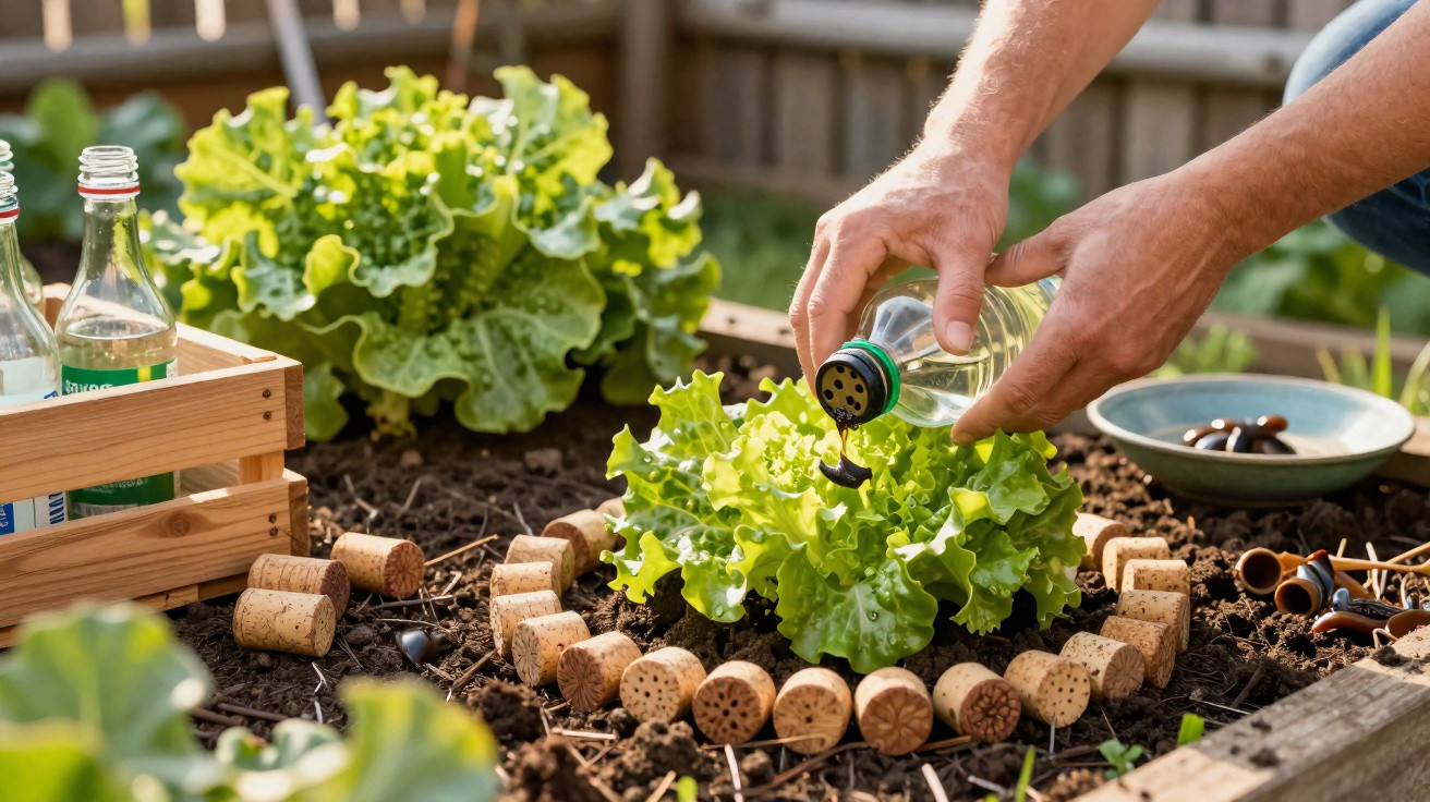 Person gießt Essig über Salatpflanze im Hochbeet, umgeben von Korken und Pflanzen im Garten.