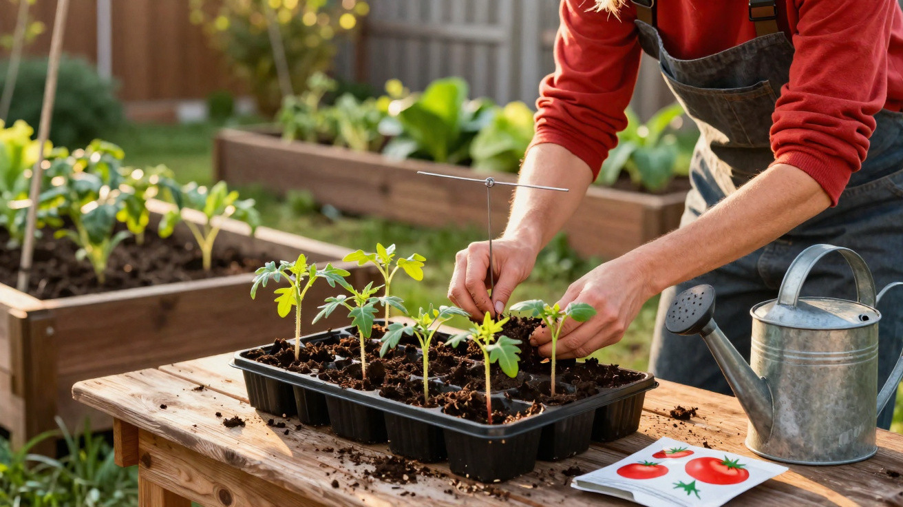 Person pflanzt Tomatensämlinge in kleinen Töpfen auf einem Gartentisch mit Gießkanne und Pflanzentütchen.