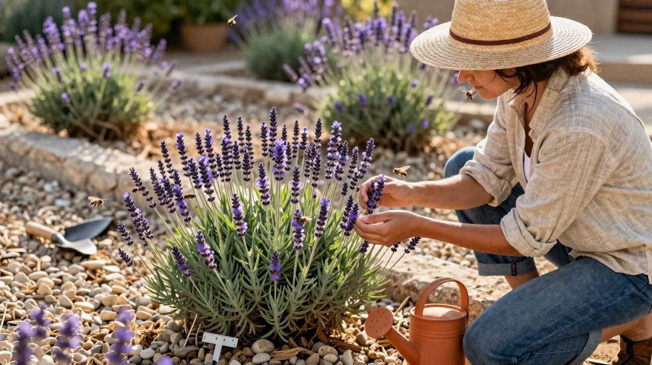 Frau mit Strohhut erntet Lavendel in einem sonnigen Garten, Bienen fliegen um die Blumen.