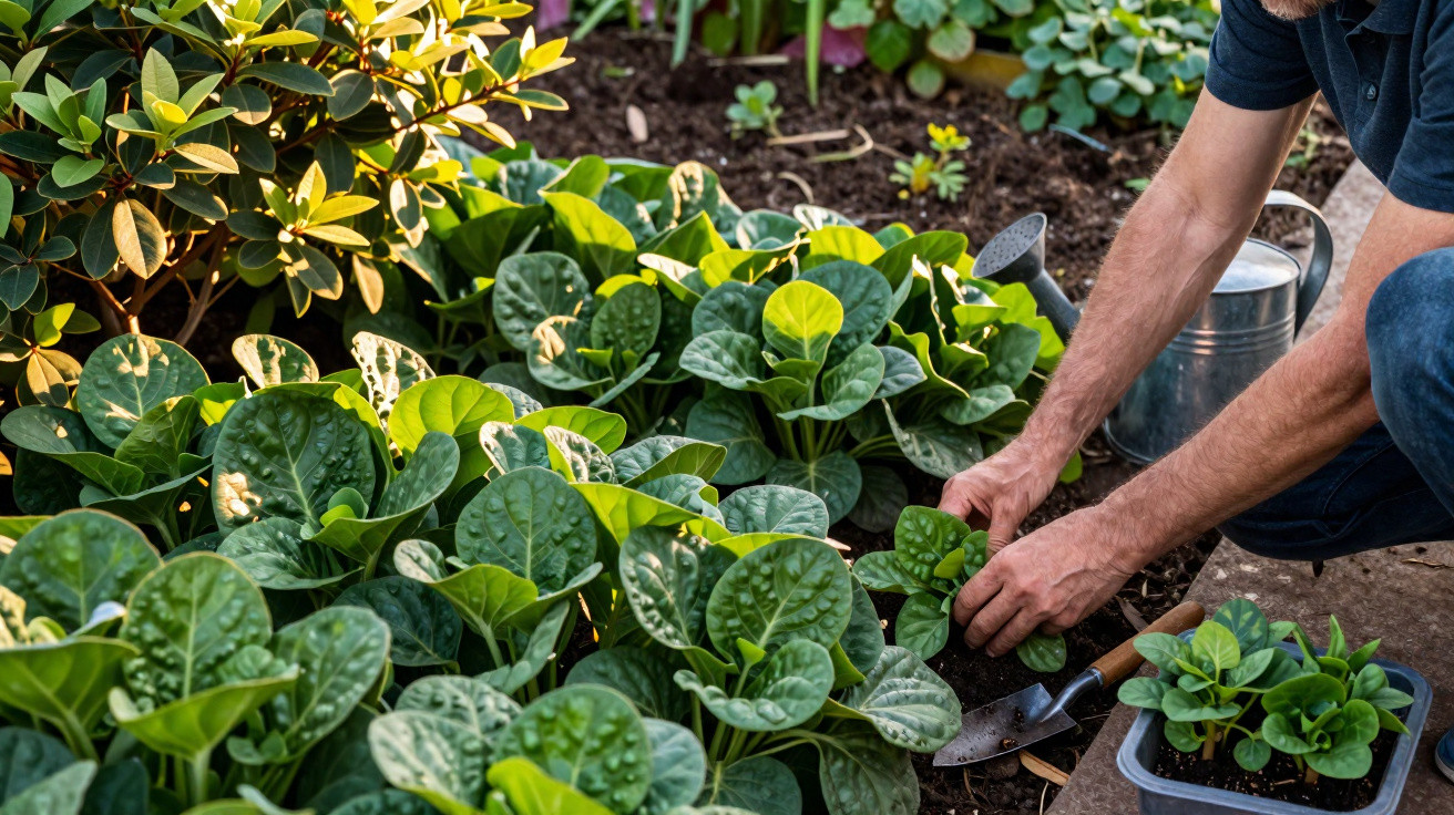 Mann pflanzt grüne Pflanzen im Garten, umgeben von üppigem Blattwerk und einer Gießkanne.