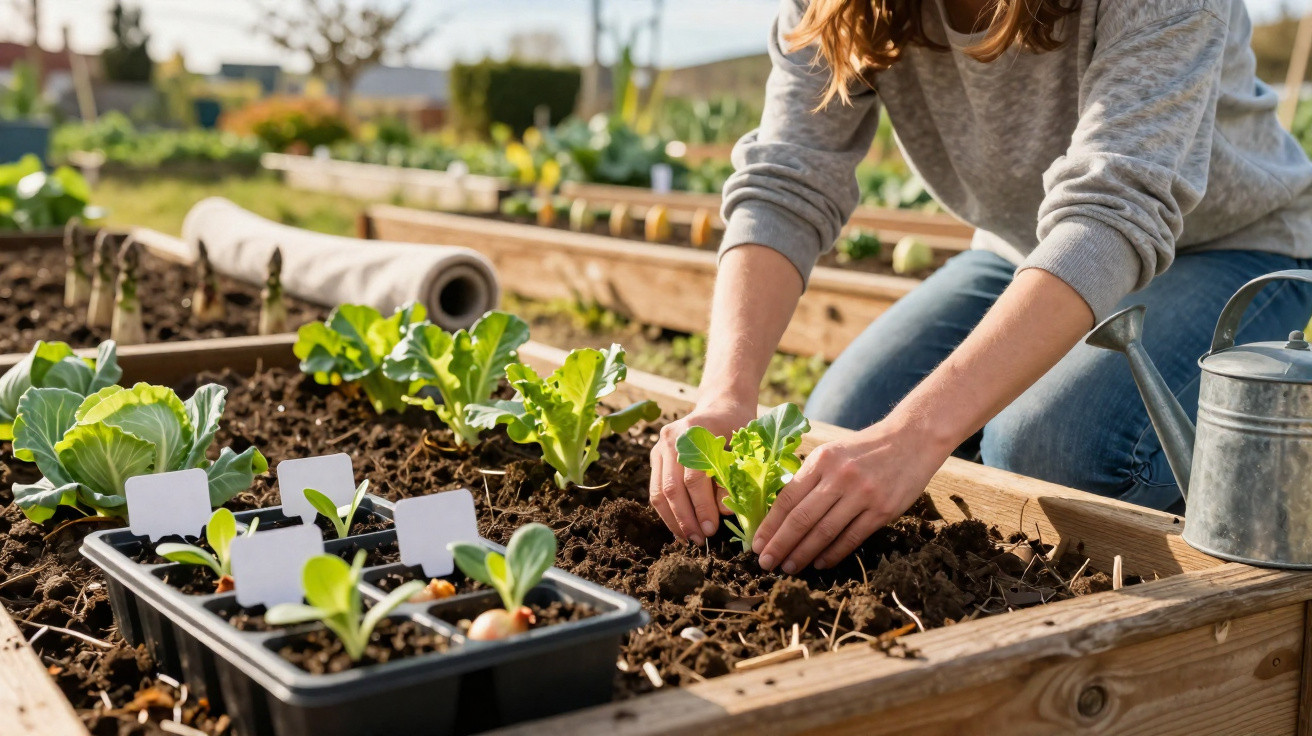 Frau pflanzt Setzlinge in Hochbeet im Garten, neben Gießkanne und weiteren Jungpflanzen.