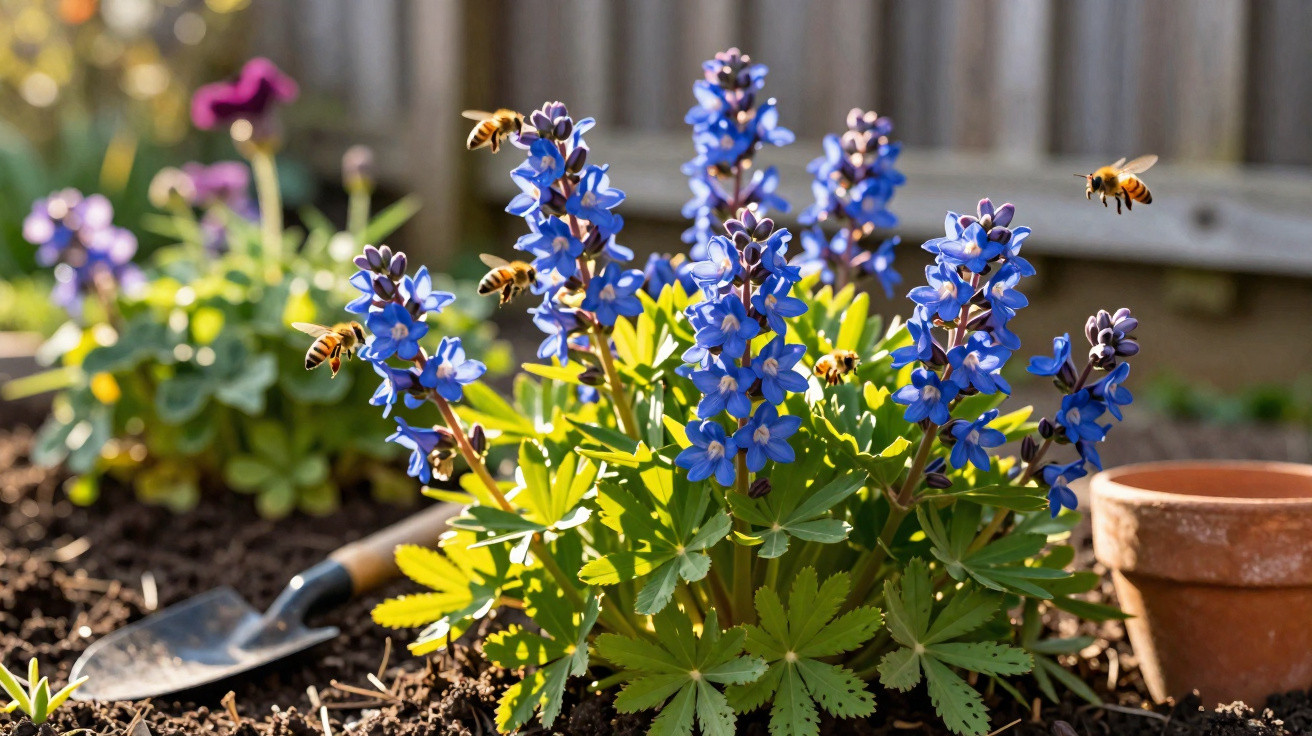 Bienen fliegen um blaue Lupinenblüten in einem sonnigen Garten mit Gartengerät und Blumentopf.
