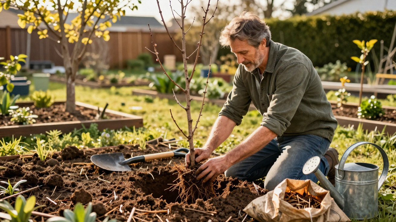 Mann pflanzt jungen Baum in Beet, umgeben von Gartenwerkzeugen und Pflanzen bei Sonnenschein.