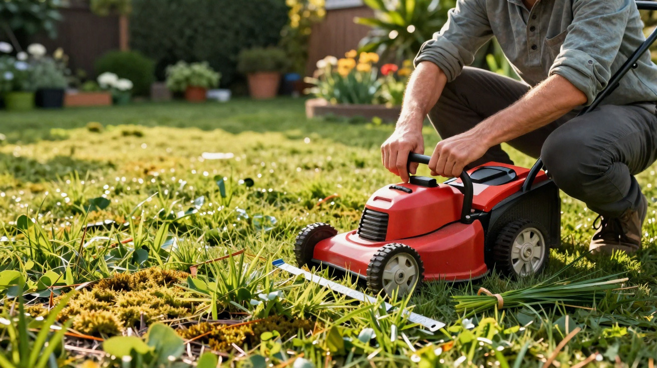 Mann kniet auf Rasen und bedient roten elektrischen Rasentrimmer im Garten bei Sonnenschein.