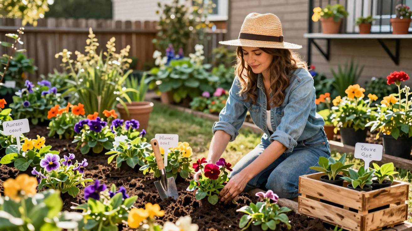 Frau mit Sonnenhut pflanzt bunte Blumen in einem sonnigen Gartenbeet mit beschrifteten Pflanzensteckern.