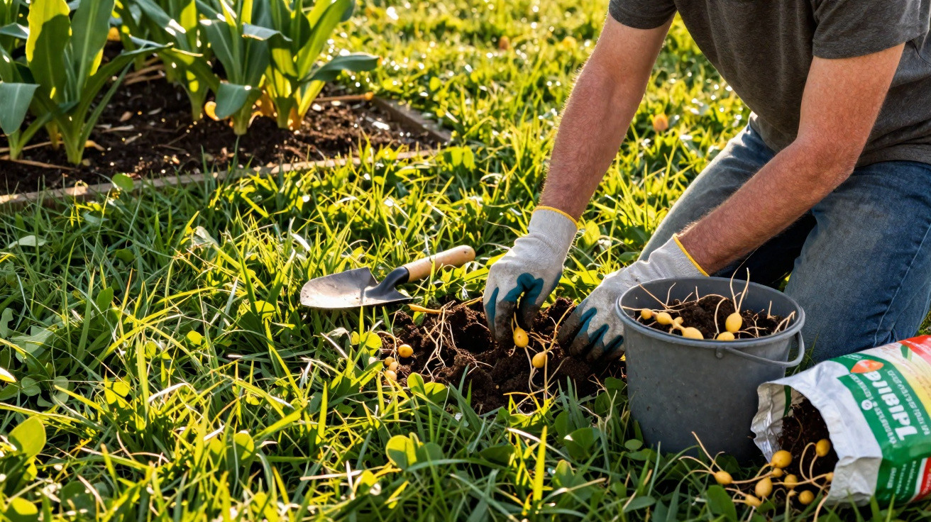 Person mit Handschuhen hebt Kartoffeln aus dem Boden im sonnigen Garten mit Eimer und Gartenschaufel.