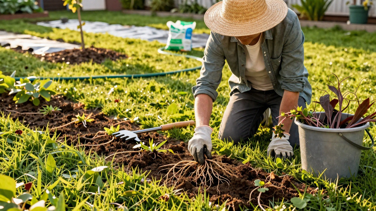 Person mit breitem Strohhut und Handschuhen beim Einpflanzen junger Pflanzen im Garten an sonnigem Tag