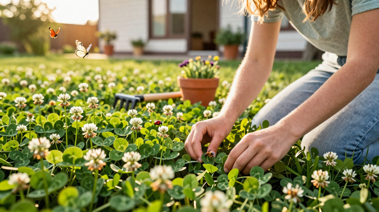 Frau kniet im Garten, pflanzt Blumen im grünen Blumenbeet mit Schmetterlingen und Gartengerät im Hintergrund.
