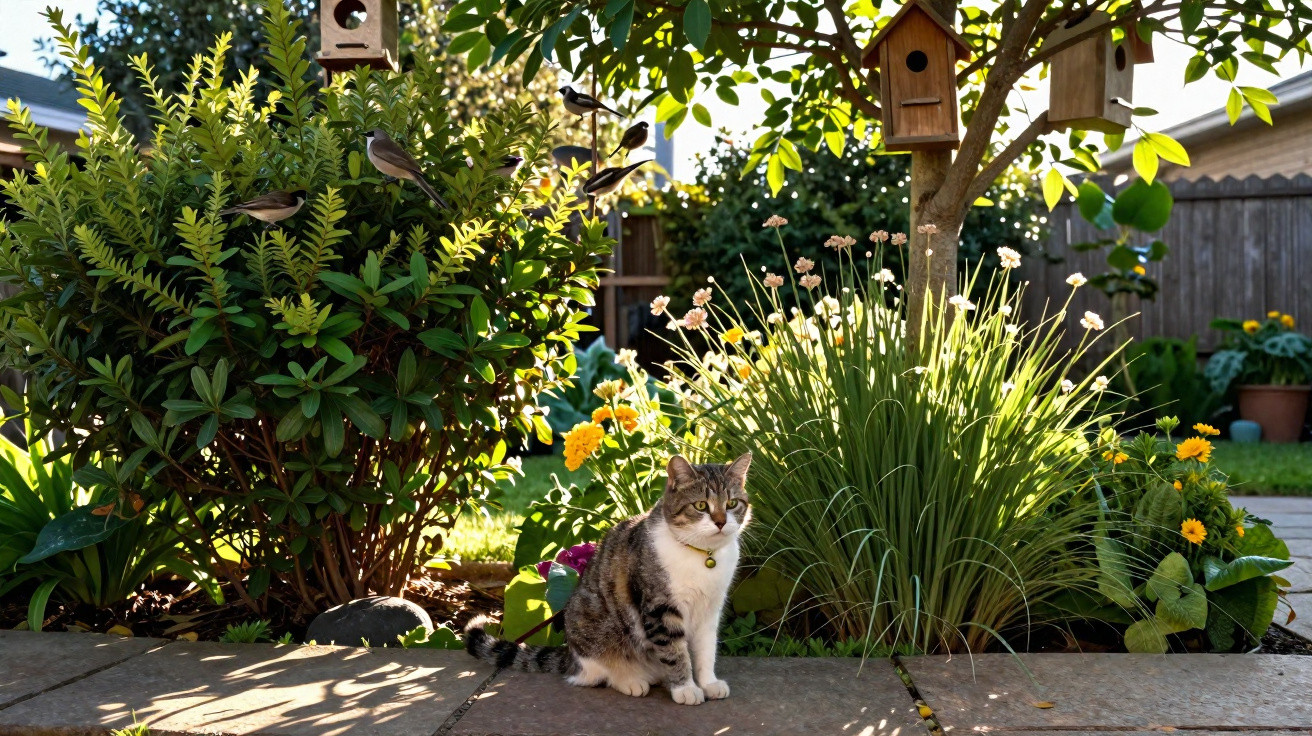Katze sitzt auf Steinweg im Garten neben Sträuchern, Blumen und Vogelhäuschen im Sonnenlicht.