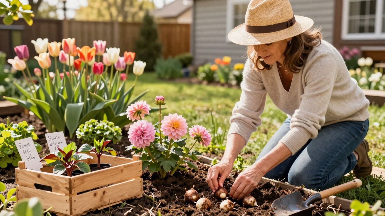 Frau mit Strohhut pflanzt Blumenzwiebeln im Gartenbeet bei sonnigem Wetter.