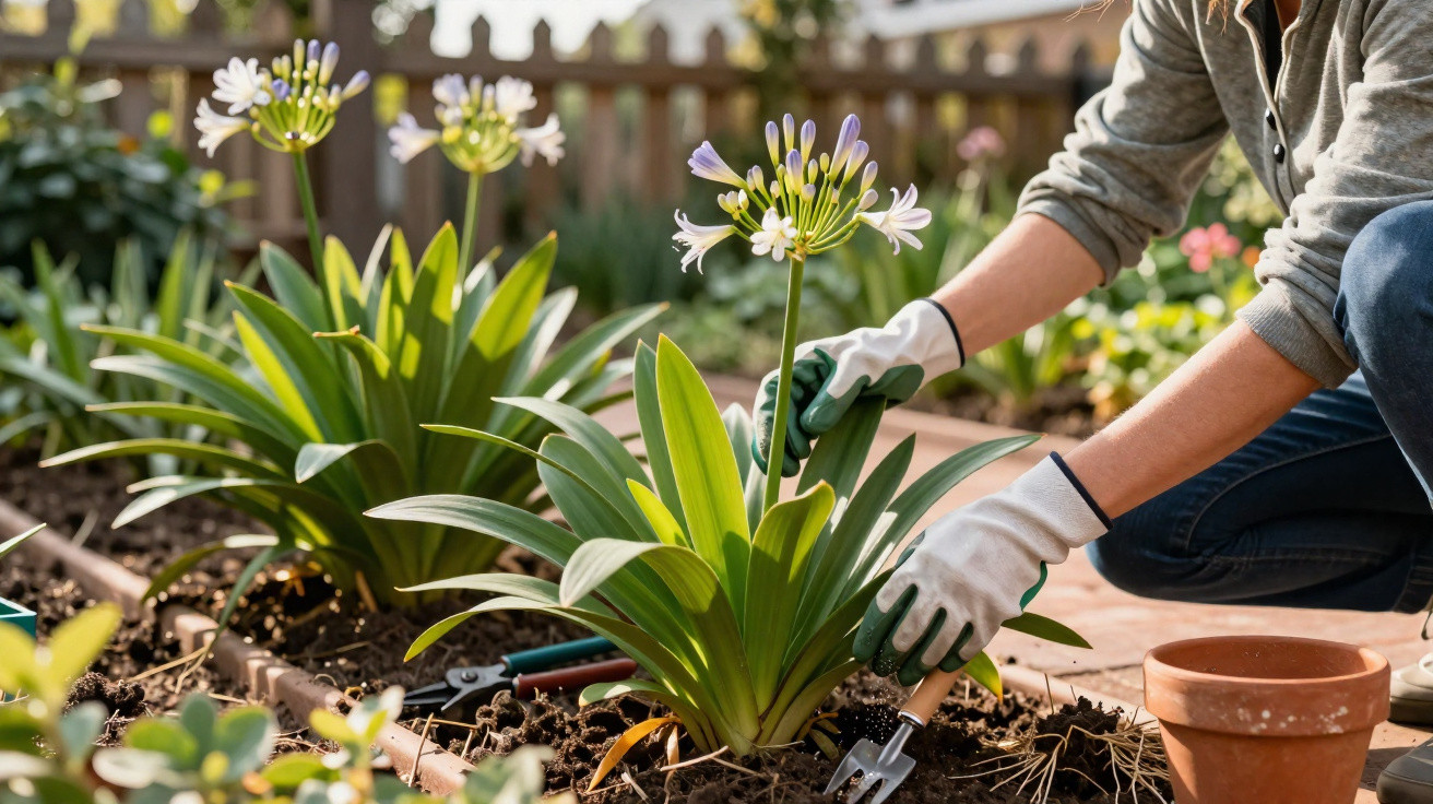 Person pflanzt blühende Agapanthus-Pflanzen im Gartenbeet mit Gartengeräten und Handschuhen.
