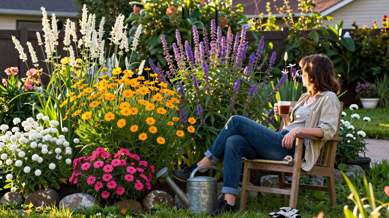 Frau sitzt mit Getränk auf Holzstuhl im Garten neben bunten Blumenbeeten und Gießkanne im Sonnenlicht.