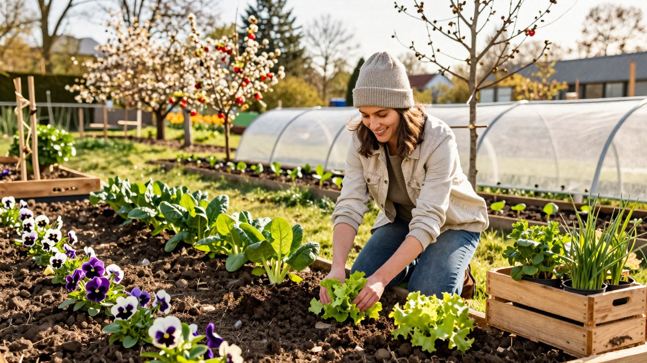 Frau mit Mütze pflanzt Salat in einem sonnigen Garten mit Blumen und Gewächshaus im Hintergrund.