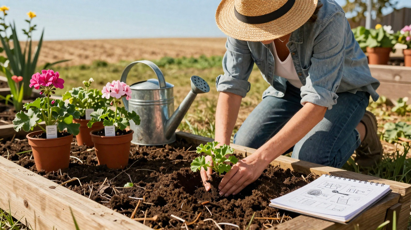 Person mit Strohhut pflanzt Setzling in Hochbeet im Garten bei Sonnenschein, neben Gießkanne und Notizblock.