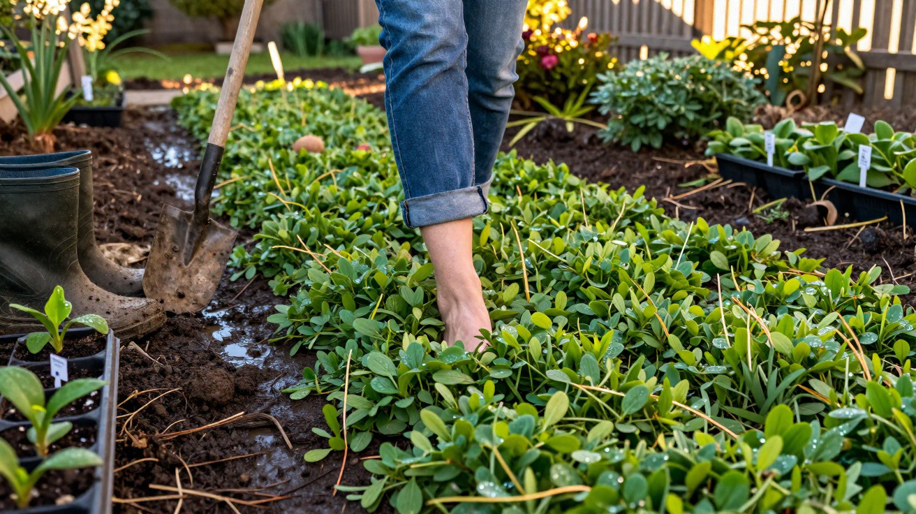 Person steht barfuß zwischen frischen grünen Pflanzen im Garten, mit Spaten und Gummistiefeln daneben.