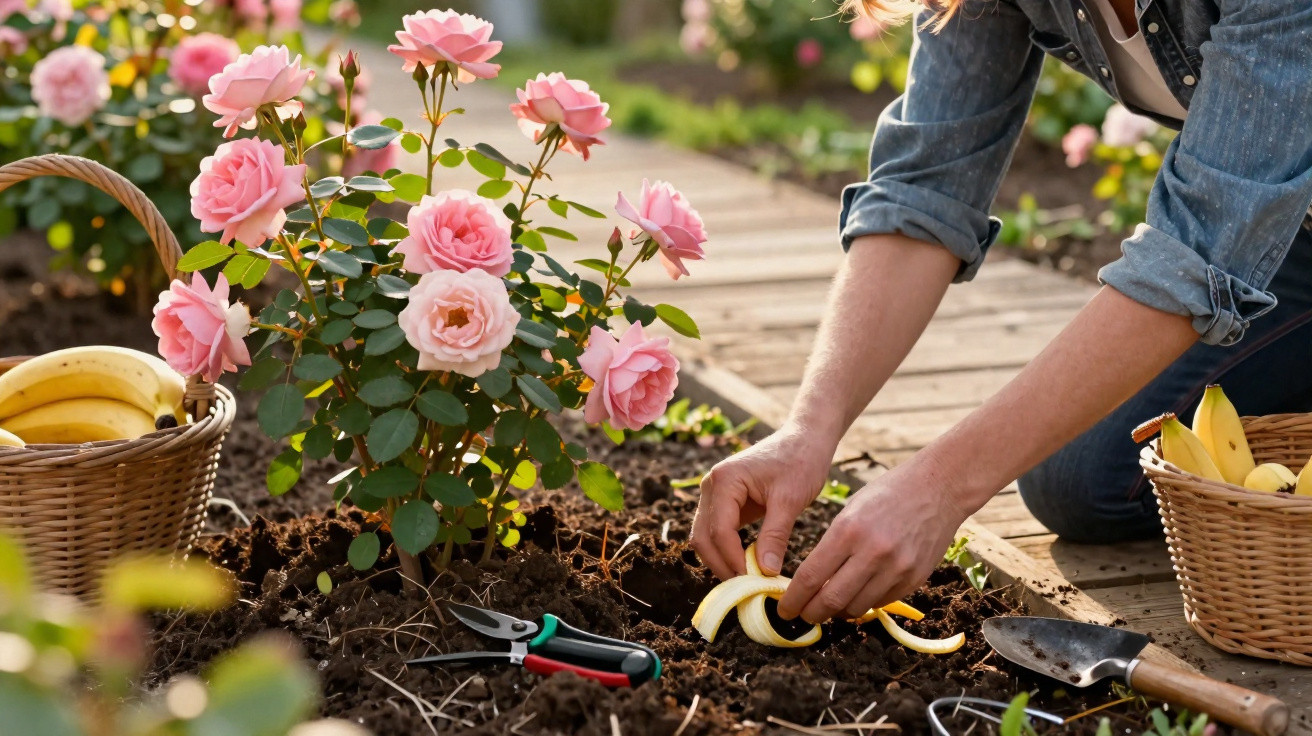 Person legt Bananenschalen als Dünger neben blühenden rosa Rosen im Garten ab.