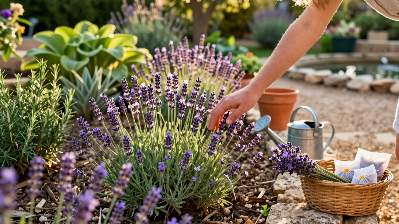 Person pflückt Lavendel in einem sonnigen Garten mit Gießkanne und Korb voller Blumen.