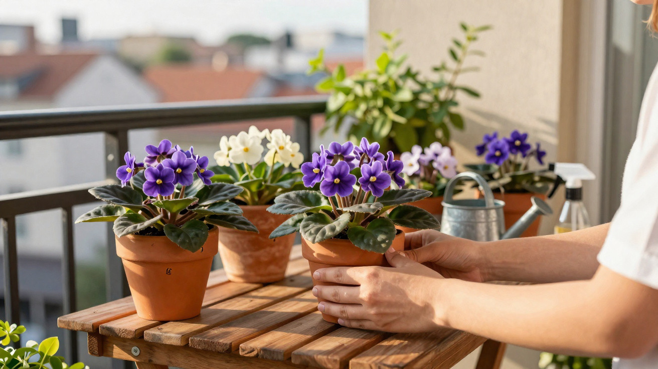 Person gießt violette Saintpaulia-Blumen in Tontöpfen auf einem Balkon bei Sonnenlicht.